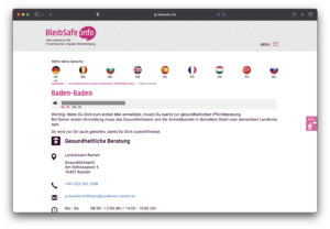 Screenshot - Seite Bleibsafe.info oben Logo dann Sprachauswahl unten als Beispiel die Stadt Baden Baden und die Kontaktdaten für Gesundheitliche Beratung